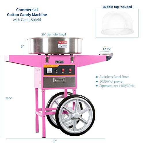 VIVO Pink 1030W Electric Cotton Candy Machine Cart, Mobile Rolling Candy Floss Maker, 20 inch Stainless Steel Bowl, Bubble Shield Cover Sugar Scoop and Drawer, Easy Home or Commercial Use, CANDY-KIT-2