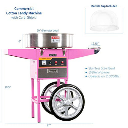 VIVO Pink 1030W Electric Cotton Candy Machine Cart, Mobile Rolling Candy Floss Maker, 20 inch Stainless Steel Bowl, Bubble Shield Cover Sugar Scoop and Drawer, Easy Home or Commercial Use, CANDY-KIT-2