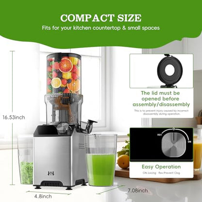 WHUTO Cold Press Juicer, Wide Feed Chute Juicer Machines, Stainless Steel Slow Masticating Juicers Easy to Clean, Vegetables & Fruits Juice Extractor, High Juice Yield, Gray Knob