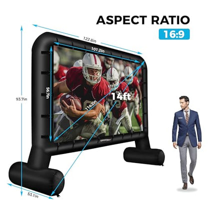SPORTSWIN 14 FT Inflatable Outdoor Movie Screen, Blow Up Projector Screen Outdoor with Air Blower, Movie Screens for Backyard with One Piece Design, Front & Rear Projection, Easy Set Up