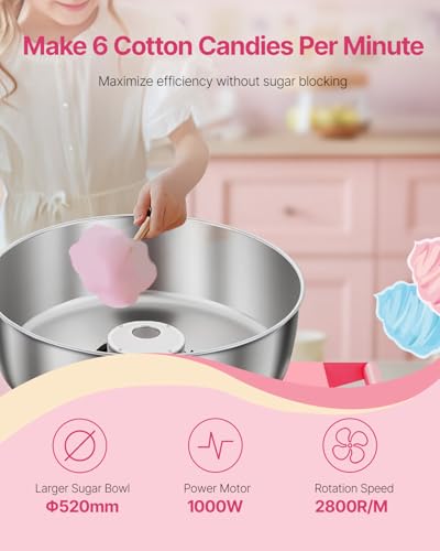 VEVOR Electric Cotton Candy Machine with Cart, 1000W Commercial Candy Floss Maker with 20.5 in Stainless Steel Bowl, Sugar Scoop, and Drawer, Easy to Use, for Home, Kids Birthday, Family Party, Pink