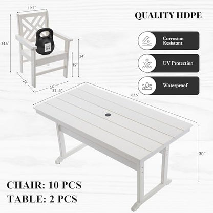 HDPE Dining Table Set for 10,12-Piece Outdoor Table and Chairs Include 10 Dining Chairs and 2 Pcs 62.5" Patio Dining Table with Umbrella Hole (White)