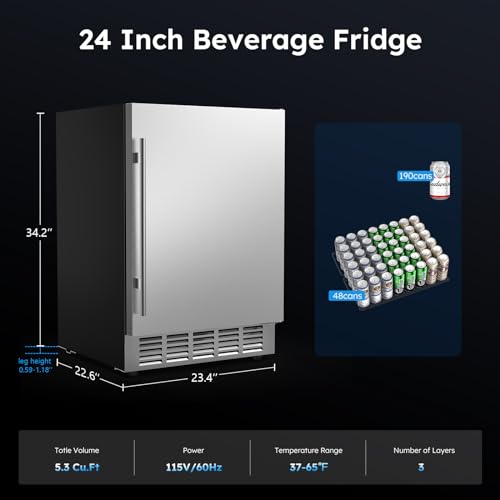 Mojgar 24 Inch Outdoor Beverage Fridge, Weather Proof Stainless Steel Beverage Cooler Under Counter Beer Fridge, Indoor/Outdoor Beverage Refrigerator for 190 Cans, Built-in/Freestanding (Foam Door)