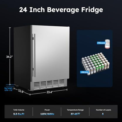 Mojgar 24 Inch Outdoor Beverage Fridge, Weather Proof Stainless Steel Beverage Cooler Under Counter Beer Fridge, Indoor/Outdoor Beverage Refrigerator for 190 Cans, Built-in/Freestanding (Foam Door)