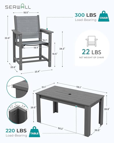 SERWALL 7 Piece Outdoor Dining Table Sets for 6 with 1 Umbrella Hole Cut-Out Rectangular Table and 6 Textilene Chairs, HDPE Dining Table Sets for Garden, Backyard, Poolside, Gray