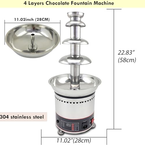 PreAsion Chocolate Fountain 110V Electric 4-Tiers Digital Chocolate Fountain Melting Machine Heating Fondue Fountain,3kg of chocolate