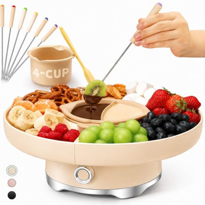 LUSHYUM Electric Chocolate Fondue Pot Set, 4-Cup Chocolate, Rotating Tray