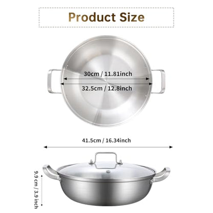 Yeksum Tri-Ply Stainless Steel Saute Pan,Deep Frying Pan with lid,Compatible with All Cooktops Up to 650℉, Everyday Pan,Hot Pot,Kadhai,Induction Cooking Pot,Dishwasher and Oven Safe. (5QT)
