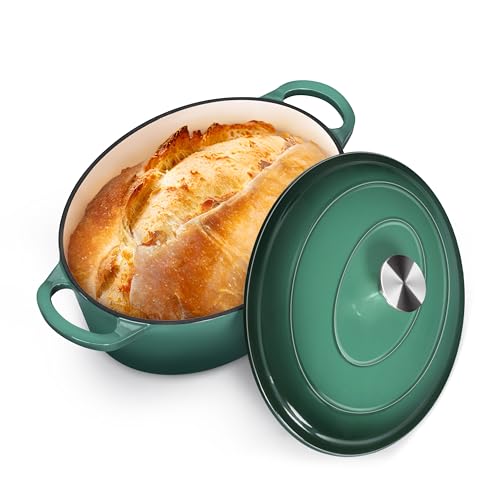 P&P CHEF Oval Dutch Oven with Lid, Enameled Cast Dutch Oven Pot for Bread Baking, Braising, Stewing, Roasting, Non-Stick & Oven Safe, Dual Handles & Easy Clean, 7QT & Dark Green, Valentine's Day