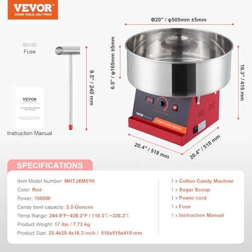 VEVOR Cotton Candy Machine Commercial, 1000W Electric Floss Maker with Stainless Steel Bowl, Sugar Scoop, Storage Drawer, Perfect for Home, Carnival, Kids Birthday, Family Party, Red