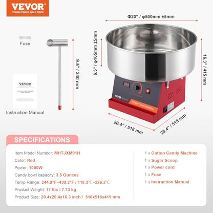 VEVOR Cotton Candy Machine Commercial, 1000W Electric Floss Maker with Stainless Steel Bowl, Sugar Scoop, Storage Drawer, Perfect for Home, Carnival, Kids Birthday, Family Party, Red