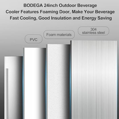 BODEGA 24 Inch Beverage Fridge under Counter, Outdoor Refrigerator for Patio and Deck Weatherproof, Stainless Steel Beverage Cooler for Soda, Beer, Holds 164 Cans