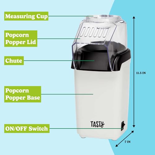 Tasty Hot Air Popcorn Popper, Healthy and Delicious Popcorn in Minutes, Fast and Easy-to-Use, Built-In Measuring Cup and Butter Warmer, 8 Cups, White