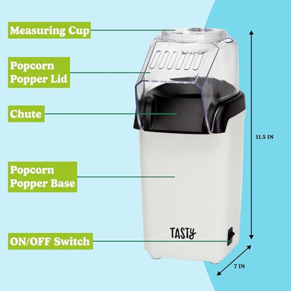Tasty Hot Air Popcorn Popper, Healthy and Delicious Popcorn in Minutes, Fast and Easy-to-Use, Built-In Measuring Cup and Butter Warmer, 8 Cups, White