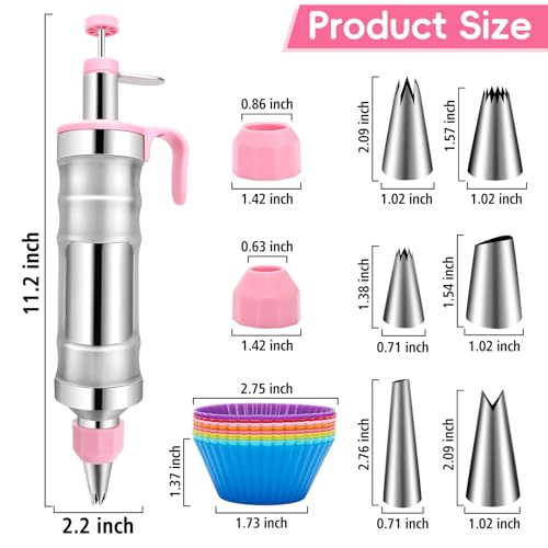 Dessert Decorating Syringe Set, Frosting Piping Kit Stainless Steel Cake Decorating Tools with 6 Piping Tips & 9 Silicone Cupcake, Cake Decorating Kit for Beginners