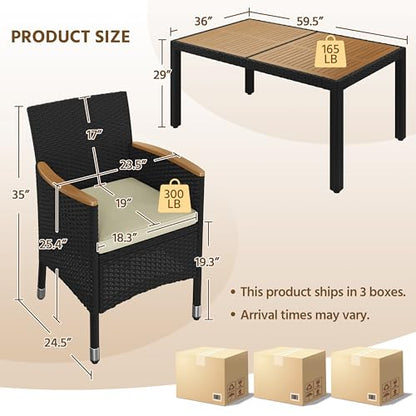 Yaheetech 7 Piece Patio Furniture Set, Outdoor Dining Acacia Wood Table Top Rattan Conversation with Soft Cushions, 6 Chairs & 1 Table for Backyard, Deck, Garden & Yard, Black/Beige