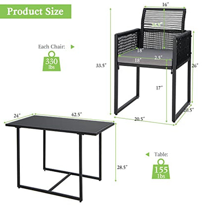 Tangkula 3 Pieces Outdoor Dining Set, Patio PE Rattan Furniture Set with Folding Backrest, Cozy Seat Cushions, Tempered Glass Tabletop, Space-Saving Rattan Chair Table Set for Backyard, Poolside