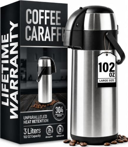 Coffee Carafe Insulated 102 OZ / 3L Stainless Steel Hot Beverage Dispenser, Airpot Coffee Dispenser with Pump, Thermal Coffee Carafe for Hot Liquids, Coffee Carafes for Keeping Hot Drink Dispenser