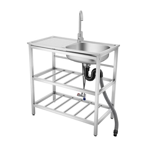 BANEBONE Portable Commercial Stainless Steel Freestanding Single Bowl Utility Sink Set - Outdoor Kitchen Sink for Restaurant Cafe Hotel Garage and Laundry Room with 2-Tier Storage Shelves (H 30.7in)