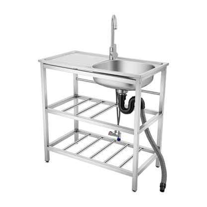BANEBONE Portable Commercial Stainless Steel Freestanding Single Bowl Utility Sink Set - Outdoor Kitchen Sink for Restaurant Cafe Hotel Garage and Laundry Room with 2-Tier Storage Shelves (H 30.7in)