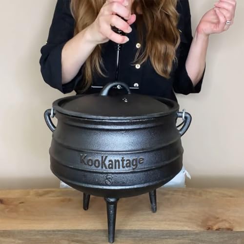 8-Quart Pre-Seasoned Cast Iron Cauldron - African Potjie Pot with Lid - 3-Legged Pot for Even Heat Distribution - Outdoor Cast Iron Dutch Oven Cookware for Campfire Cooking and Boiling