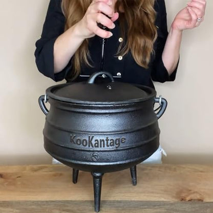 8-Quart Pre-Seasoned Cast Iron Cauldron - African Potjie Pot with Lid - 3-Legged Pot for Even Heat Distribution - Outdoor Cast Iron Dutch Oven Cookware for Campfire Cooking and Boiling