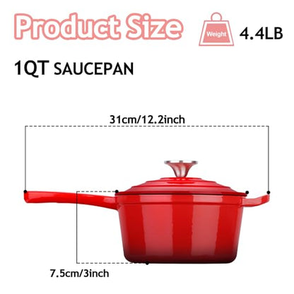 TeamFar Enameled Cast Iron Sauce Pan, 1QT Small Sauce Pot with Lid, Mini Dutch Oven Saucepan for Cooking/Simmering/Baking/Boiling, Sturdy & Nonstick, Oven Safe & Fit for Induction-Red