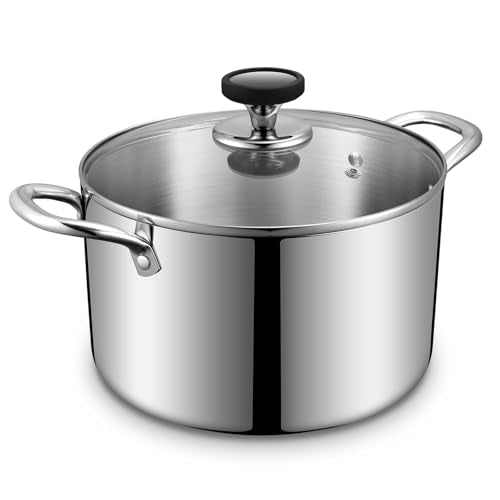 Tri-Ply Stainless Steel Stock Pot, 8 Quart Heavy Duty Induction Cooking Pot with Visible Lid for Pasta, Soup, Spaghetti, Sturdy & Double Handle, Dishwasher Safe