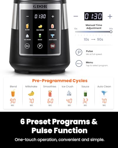 GDOR Professional Blender with 6 Preset Programs, 1300W Smoothie Blender for Ice Crushing & Frozen Fruit, 67 Oz Glass Pitcher & 22 Oz To-Go Cup Combo, Smart Smoothie Maker, Self-Cleaning