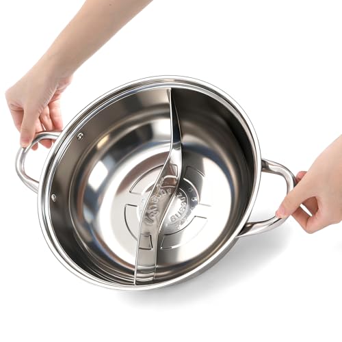 Peohud 304 Stainless Steel Hotpot Pot with Divider, 12 Inches Double-flavor Shabu Shabu Pot with Ladle and Slotted Spoon, Dual Sided Soup Cookware for Induction Cooktop Gas Stove