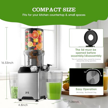 WHUTO Cold Press Juicer, Wide Feed Chute Juicer Machines, Stainless Steel Slow Masticating Juicers Easy to Clean, Vegetables & Fruits Juice Extractor, High Juice Yield, Platinum Color Knob