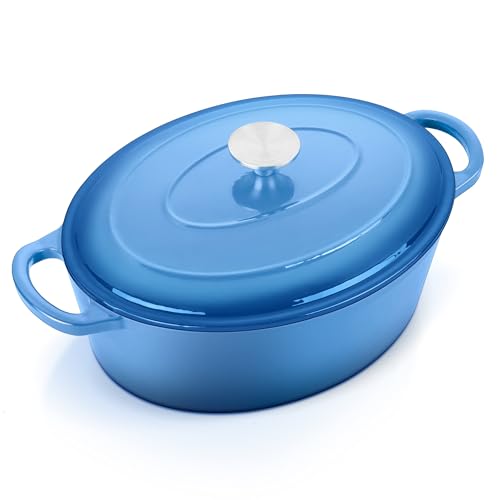 E-far 7QT Oval Dutch Oven Pot with Lid, Enameled Cast Iron Dutch Oven with Dual Handles for Sourdough Bread Baking Cooking, Nonstick Enamel Coated Cookware(Blue), Non-Toxic & Easy Clean