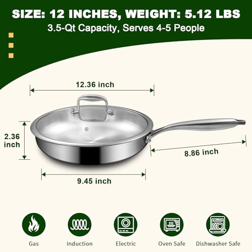 EWFEN 12 Inch Tri-Ply Stainless Steel Frying Pan, Compatible with All Cooktops Up to 600℉, Large Frying Pan with lids, Induction-Ready Skillet, Dishwasher and Oven Safe, Even Heat, 12" Skillet + Lid