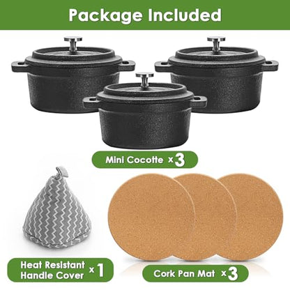 OGANAZI 3 Pcs Mini Cast Iron Dutch Oven Set – 8 oz Garlic Roaster Cocotte Pots with Lids, Handles and Cork Pan Mats Small Cast Iron Pots for Baking, Roasting, BBQ Grill, Stovetop and Oven Use
