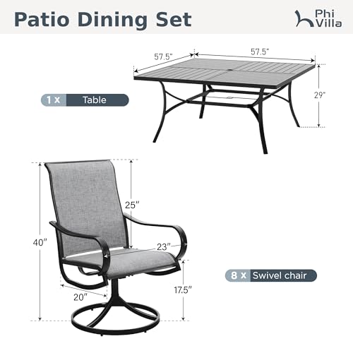 PHI VILLA 9 Piece Outdoor Patio Dining Set, Large Square Metal Dining Table and 8 Outdoor Swivel Dining Chairs, Patio Table and Gray Chair Furniture Dining Set for 8 Person