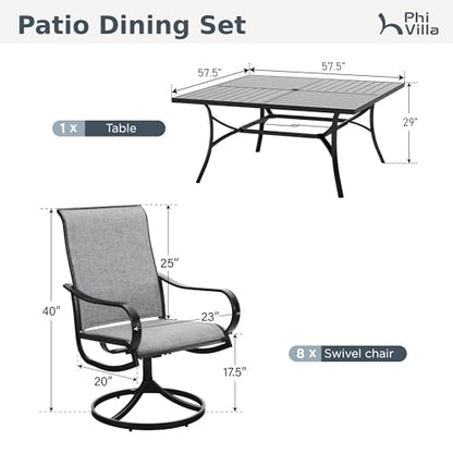 PHI VILLA 9 Piece Outdoor Patio Dining Set, Large Square Metal Dining Table and 8 Outdoor Swivel Dining Chairs, Patio Table and Gray Chair Furniture Dining Set for 8 Person