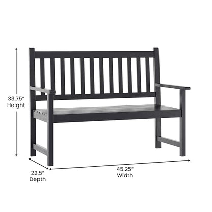 Flash Furniture Adele Commercial Indoor/Outdoor Acacia Wood Bench, 2-Person Slatted Patio Loveseat, for Use in Yard, Garden, Porch, or Park, Black