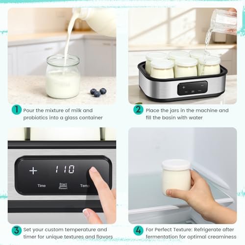 Yogurt Maker with Adjustable Temperature & 48H Timer - 6 Glass Jars for Homemade Probiotic Yogurt, for Family Wellness & Healthy Diet Lovers