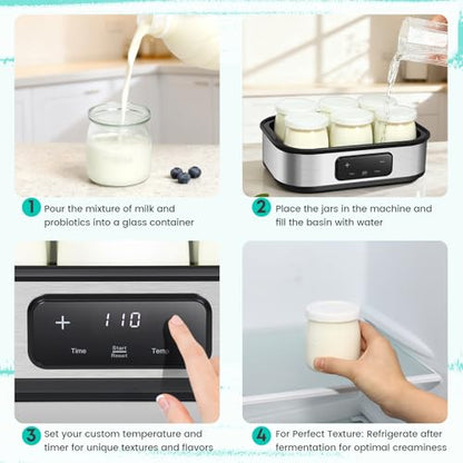 Yogurt Maker with Adjustable Temperature & 48H Timer - 6 Glass Jars for Homemade Probiotic Yogurt, for Family Wellness & Healthy Diet Lovers