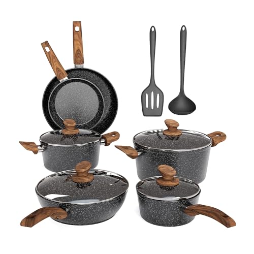 MAISON ARTS Pots and Pans Set Non Stick, 12 Piece Black Granite Kitchen Cookware Induction Compatible, Pot and Pan Sets for Cooking Nonstick