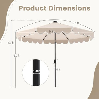 Tangkula 9 FT Solar Patio Umbrella, 2-Tiers Scalloped Outdoor Table Market Umbrella with 32 LED Lights, Vented Top, Tilt Adjustment, Crank, 8 Ribs for Backyard Poolside Deck Beach Lawn (Beige)