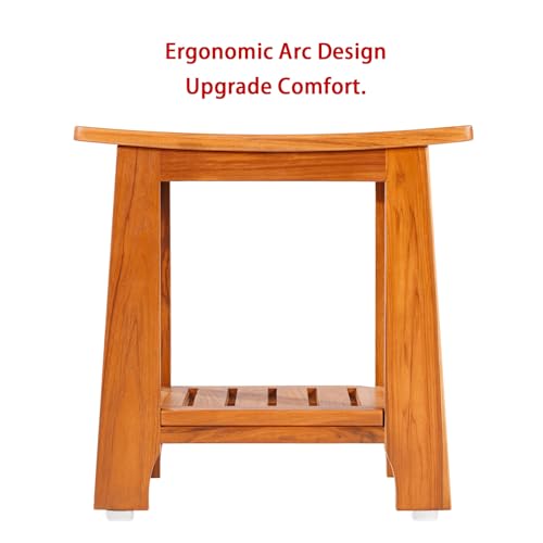 14" Compact Teak Shower Stool with Shelf & Handle - Waterproof, Non-Slip Bath Bench for Small Bathrooms/Tub/Outdoor Use, 300 lbs Capacity (Patented)