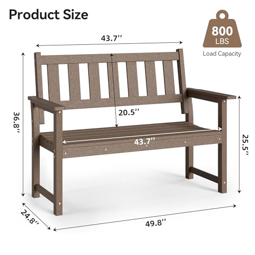 ACUEL HDPE Outdoor Bench – 50'' Weatherproof Durable Garden Bench, 2-Person Park Bench, Multi-Purpose Design Ideal for Porch, Patio, Church, and School (Brown)