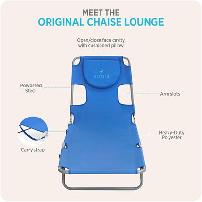 Ostrich the Original Chaise 72 x 22 Inch Lounge Portable Reclining Lounger, Outdoor Patio, Beach, Lawn, Camping, or Pool Tanning Chair, Ocean Blue