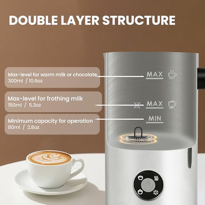 Milk Frother, 4-in-1 Milk Frother and Steamer, 10.6oz Electric Milk Steamer, Automatic Cold and Hot Foam Maker for Lattes, Cappuccinos, Ceramic Lining Interior (Polished)