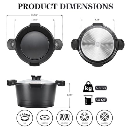 8.5qt Pasta Pot with Strainer Lid, Cast Aluminum Stockpot Multipot, Nonstick Ceramic Coating make Cleanup easy with Tempered Glass Lid, Dishwasher Safe, Induction, Black (Black, 8.5 Quarts)