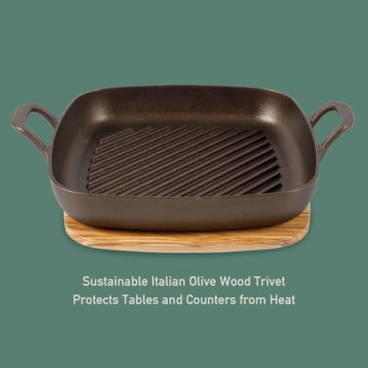 Bloomhouse - Two Time Oprah's Favorite Things Winner - Natural Bronze Finish 12" Square Cast Iron Grill Pan – Olive Oil Treated Surface w/Dual Handles & Olive Wood Trivet, Oven Grill Campfire Safe