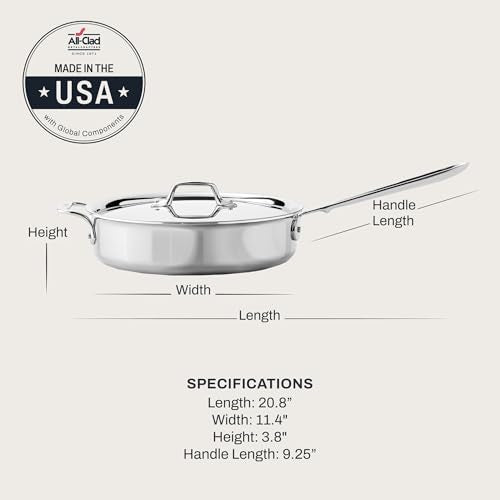 All-Clad D3® Stainless Steel 3 Quart Saute Pan Covered- Made in the USA- The Original Bonded Professional Cookware- Oven Safe & Induction Compatible