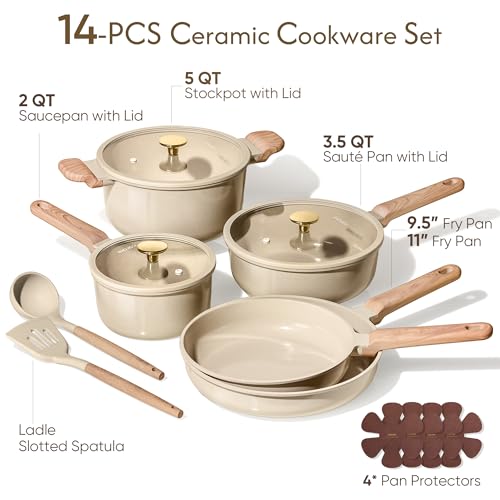 CAROTE 14Pcs Pots and Pans Set Non stick, Ceramic Cookware Set, Non-toxic Kitchen Cooking Set, PFAS and PFOA Free