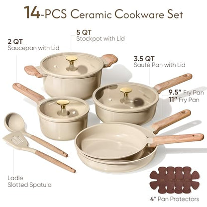 CAROTE 14Pcs Pots and Pans Set Non stick, Ceramic Cookware Set, Non-toxic Kitchen Cooking Set, PFAS and PFOA Free